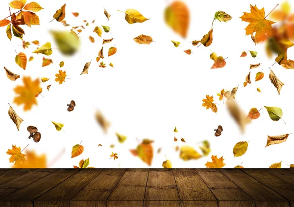 Empty wooden table over autumn leaves bokeh background. Ready for product montage — Stock Photo, Image