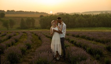 Lavanta tarlasında bir çift. Çift sarıldı..