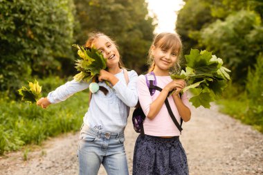 Parkta iki kız eğleniyor, sonbahar kıyafeti. Sonbaharda şehre yapraklar atan komik kız arkadaşlar. Sonbahar yürüyüşünde mutlu bir aile. Jest barışı.