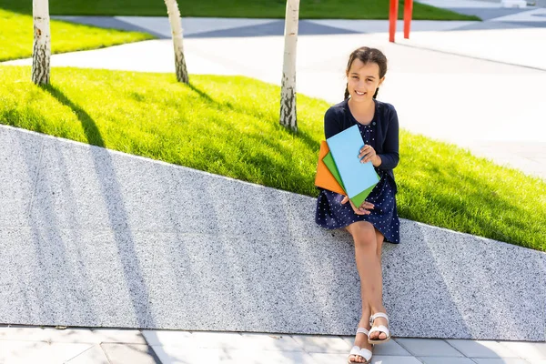 Klein kind meisje terug naar school houden leerboek, leren is leuk concept — Stockfoto