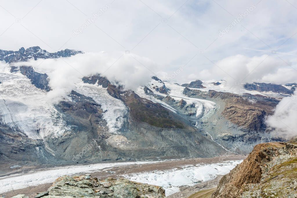 Aerial view of the Alps mountains in Switzerland. Glacier
