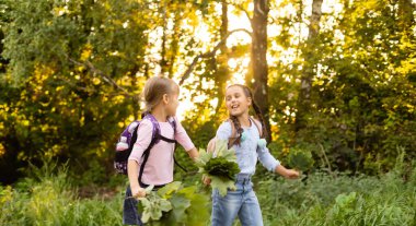 İki kız yazın parkta yürüyor, konuşuyor, okuldan ve üniversiteden sonra yürüyor, el ele tutuşuyor, en iyi arkadaşlar okuldan sonra eve dönüyor. Metni kopyalamak için boş alan