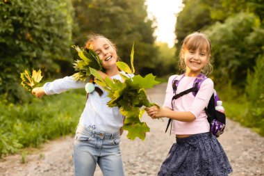 İki kız yazın parkta yürüyor, konuşuyor, okuldan ve üniversiteden sonra yürüyor, el ele tutuşuyor, en iyi arkadaşlar okuldan sonra eve dönüyor. Metni kopyalamak için boş alan