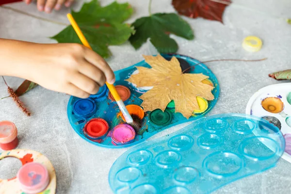 Criança pintura folhas de outono em casa — Fotografia de Stock