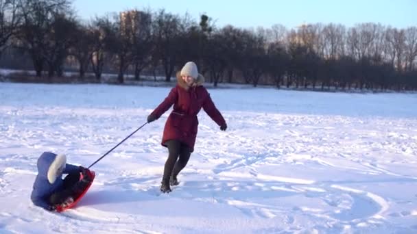 Sledding at winter time, mother carries daughter on a on ice sled — Stock Video