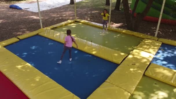 Twee jonge actieve meisjes doen oefeningen voor hurken met trampoline — Stockvideo