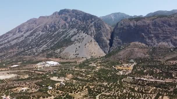 Naturaleza aérea Paisaje griego con montaña, olivos y casas en Creta. Destino de vacaciones y turismo en verano. — Vídeos de Stock