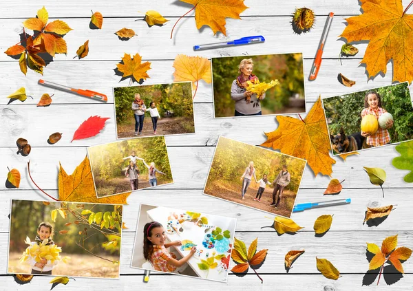 Kollázs ősz. családi fotók és sárga levelek. — Stock Fotó