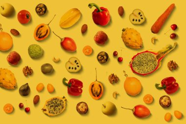 Meyve ve sebze. Düz yatıyordu. Yiyecek konsepti.