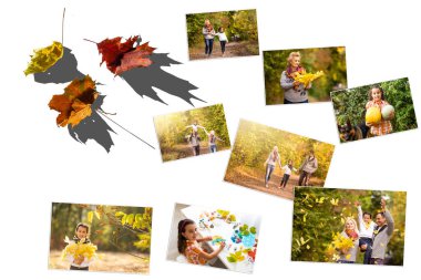 Kolaj sonbaharı. Aile fotoğrafları ve sarı yapraklar.