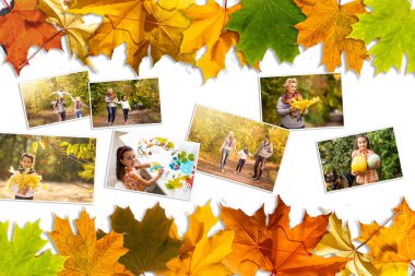 Kolaj sonbaharı. Aile fotoğrafları ve sarı yapraklar.