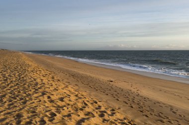 Kızıl kayalıkları ve kayalıkları olan güzel kumlu bir sahil. Günbatımında Atlantik kıyısında Algarve, Portekiz 'de sığ dalgalarla birlikte. Yüksek kalite fotoğraf
