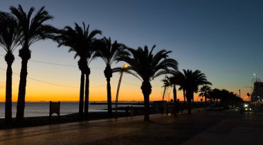 Palmiye ağaçlarının olduğu güzel bir ara sokak, hava manzaralı, gün batımında yayalar, egzotik tropik bir tatil köyünde gezinti. Yüksek kalite fotoğraf