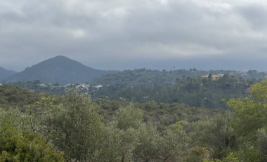 Bulutlu bir gökyüzünün altında yeşil bir tepe. Yüksek kalite fotoğraf