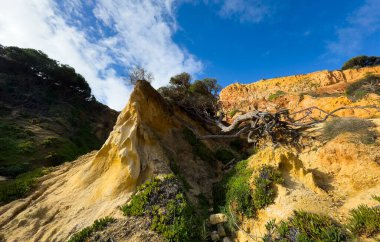 Praia de Olhos de Agua Portekiz Algarve Cliffs, Crystal Blue Waters ve Charming Coastal Village. Portekiz Havacılık. Yüksek kalite fotoğraf