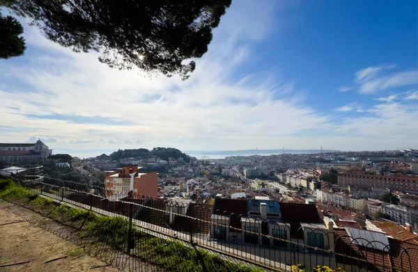 Lizbon, Portekiz 'in panoramik manzarası, kırmızı çatıları, tarihi mimarisi ve açık mavi gökyüzünün altındaki Atlantik Okyanusu. Yüksek kalite fotoğraf