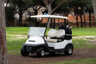 Fairway 'de golf arabası, yeşil golf sahasında, park edilmiş, açık hava golf aracı, rahatlatıcı spor ortamı. Yüksek kalite fotoğraf