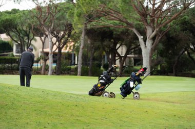 Golf çantalı golf arabaları ve golf sahasının ortasında golf sopaları. Yüksek kalite fotoğraf