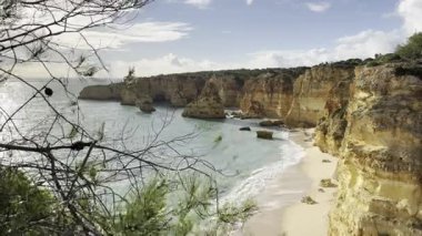 Kayalık kayalıkları, bitki örtüsü ve mavi bulutlu gökyüzü olan kumsal. Yüksek kalite fotoğraf