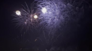 Gece gökyüzünde havai fişek gösterisi kutlamalarında büyük, güzel, renkli bir havai fişek gösterisi. Yüksek kalite 4k görüntü