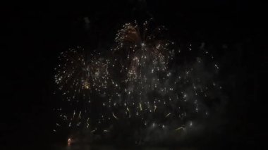 Gece gökyüzünde havai fişek gösterisi kutlamalarında büyük, güzel, renkli bir havai fişek gösterisi. Yüksek kalite 4k görüntü