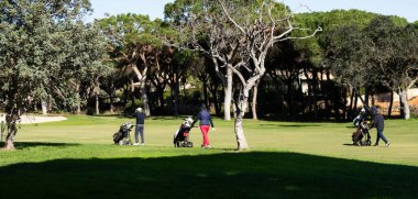 Güneşli bir günde açık mavi gökyüzünün altında yemyeşil bir golf sahasında golf sopaları taşıyan bir golfçü açık hava ve sporun tadını çıkarıyor. Yüksek kalite fotoğraf