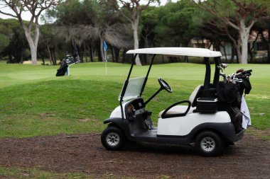 Fairway 'de golf arabası, yeşil golf sahasında, park edilmiş, açık hava golf aracı, rahatlatıcı spor ortamı. Yüksek kalite fotoğraf