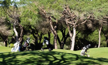 Golf ekipmanları için golf sopaları, oyun eğitiminde ya da yarışmada golf sopaları, yeşil açık hava sahası, spor ve aktivite. Yüksek kalite fotoğraf