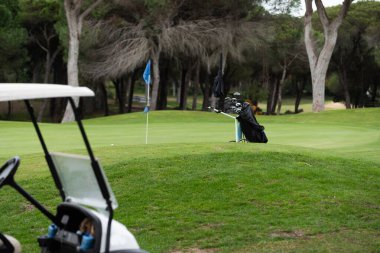 Fairway 'de golf arabası, yeşil golf sahasında, park edilmiş, açık hava golf aracı, rahatlatıcı spor ortamı. Yüksek kalite fotoğraf