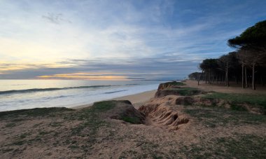 Kızıl kayalıkları ve kayalıkları olan güzel kumlu bir sahil. Günbatımında Praia de Loule Velho, Algarve, Portekiz 'de Atlantik kıyısında sığ dalgalarla birlikte. Yüksek kalite fotoğraf