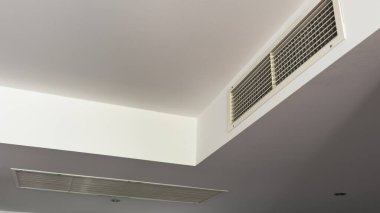 Beyaz, temiz otel odası arka planında tavana monte edilmiş havalandırma sistemi. Otel odasının havalandırma ızgarası duvarda. Yüksek kalite fotoğraf