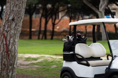 Fairway 'de golf arabası, yeşil golf sahasında, park edilmiş, açık hava golf aracı, rahatlatıcı spor ortamı. Yüksek kalite fotoğraf
