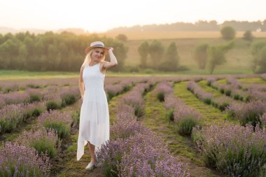 Hasır şapkalı ve lavanta tarlasında beyaz elbiseli güzel bir kadın..