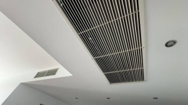 Beyaz, temiz otel odası arka planında tavana monte edilmiş havalandırma sistemi. Otel odasının havalandırma ızgarası duvarda. Yüksek kalite fotoğraf