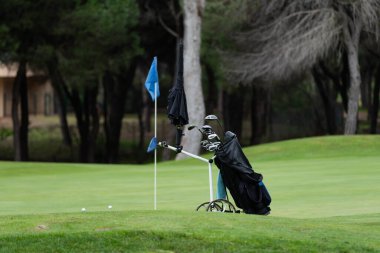 Golf sahasında bir çanta golf sopası. Yüksek kalite fotoğraf