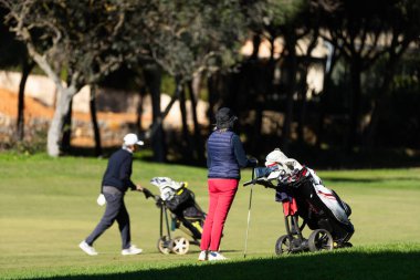 Golfçüler, yemyeşil sahada Lush Trees ile oynuyorlar. Yüksek kalite fotoğraf