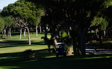 Batan güneşin altın parıltısı altında yeşil golf sahası. Su fıskiyeleri aktif olarak iyi korunan çimenleri suluyor ve rahatlama ve açık hava sporları için cennet gibi bir ortam yaratıyor. Yüksek kalite fotoğraf