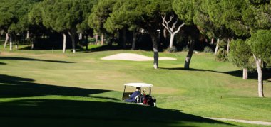 Golf sahasındaki hareket eden arabanın görüntüsü. Yüksek kalite fotoğraf