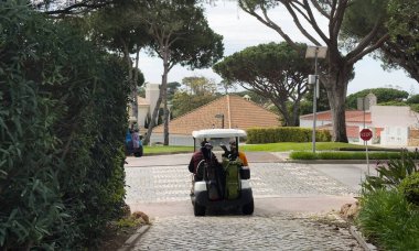 Güneşli bir havada yeşil bitkiler ve ağaçlarla dolu bir patikaya park edilmiş golf arabası. Yüksek kalite fotoğraf