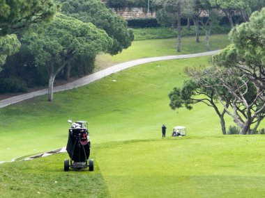 Bereketli yeşil çimenler, kum tuzakları, palmiye ağaçları ve berrak mavi gökyüzünün altında bir dağ zemininin yer aldığı sakin bir golf sahası. Yüksek kalite fotoğraf