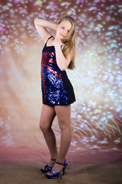 Beautiful teen girl in party dress with high heels — Stock Photo, Image