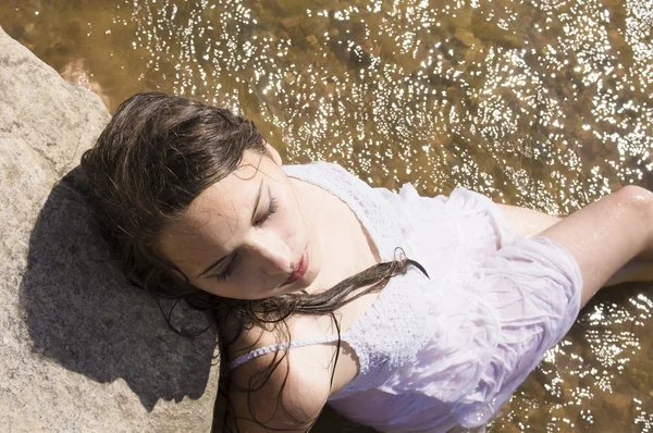Teen mermaid girl in the lake — Stock Photo, Image