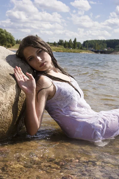 Teen mermaid girl in the lake — Stock Photo, Image