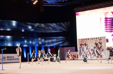 MINSK, BELARUS DECEMBER 05: unidentified gymnast from ' Gomel' participate with 'Rock girls'  in 'Baby Cup - BSB Bank' children's competitions in gymnastics , 05 December 2015 in Minsk, Belarus.