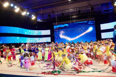 MINSK, BELARUS DECEMBER 05: unidentified gymnasts have fun during closing ceremony during 'Baby Cup - BSB Bank' children's competitions in gymnastics , 05 December 2015 in Minsk, Belarus.