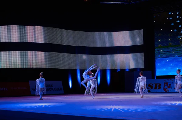 MINSK, BELARUS DECEMBER 05: unidentified gymnast from ' USiT' participate with 'Crystal dream'  in 'Baby Cup - BSB Bank' children's competitions in gymnastics , 05 December 2015 in Minsk, Belarus.