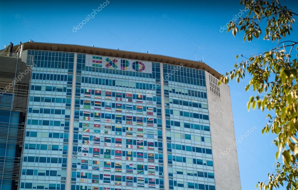 Milan, Italy - September 5th, 2015: photo of the Pirelli Tower in Milan decorated to promote the 2015 Expo event.
