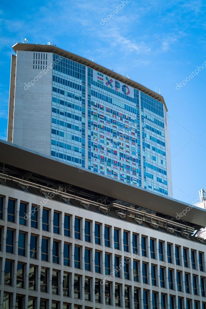 Milan, Italy - September 5th, 2015: photo of the Pirelli Tower in Milan decorated to promote the 2015 Expo event.