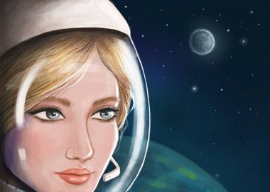 Bir kadın astronotun elle çizilmiş dijital çizimi