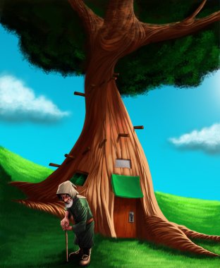 Bir gnome sihirli ağaç evinin ön